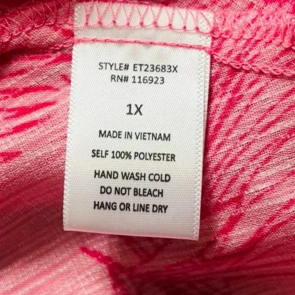 Easel Women’s Size 1X V-neck Flowy Tunic Hot Pink Leaf Print - Picture 5 of 8